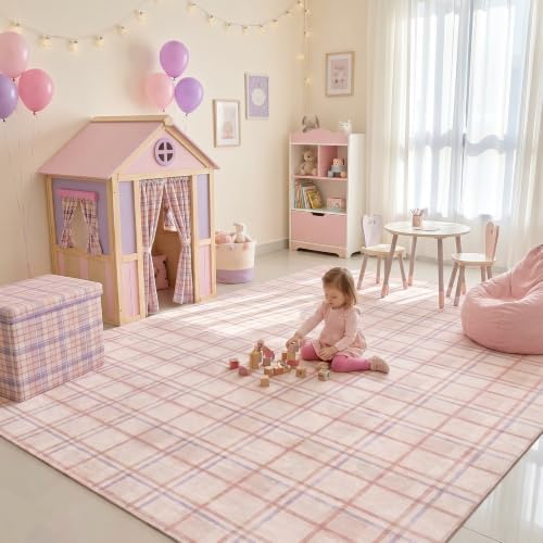 Pink Checkered 5x7 Area Rugs Washable Non-Slip - Image 3