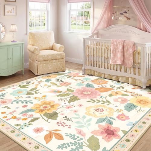 RELEANY Floral Washable Square 6ft Area Rug Beige/White/Orange - Image 6