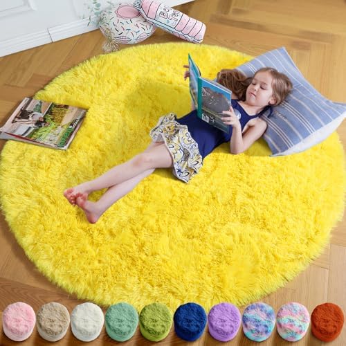 Amdrebio Yellow Round Plush Shag Area Rug 4Ft by Amdrebio