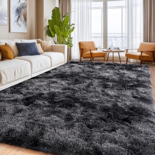 Black Grey Shaggy Rugs, 9x12Ft Large Fluffy Carpets, Indoor Plush Area Rug - Image 2
