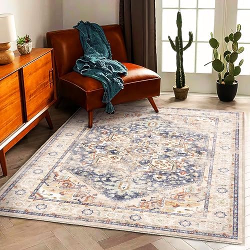 CHAMPLANT 3'x5' Blue Khaki Vintage Washable Thin Area Rug Traditional Floor by CHAMPLANT