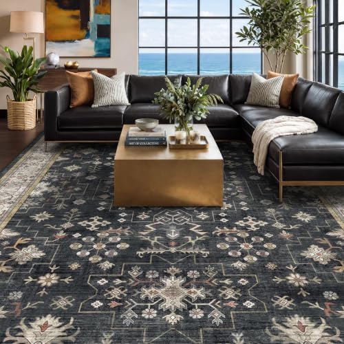 Black Farmhouse Washable 8x10 Area Rugs by HazoHaus