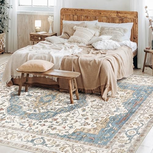 Vintage 8x10 Rugs for Living Room Washable Area Rug Blue/Beige - Image 6