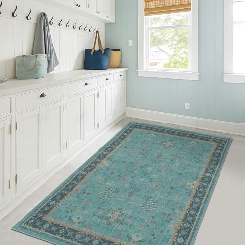 Washable Teal Rugs for Entryway Indoor by HazoHaus
