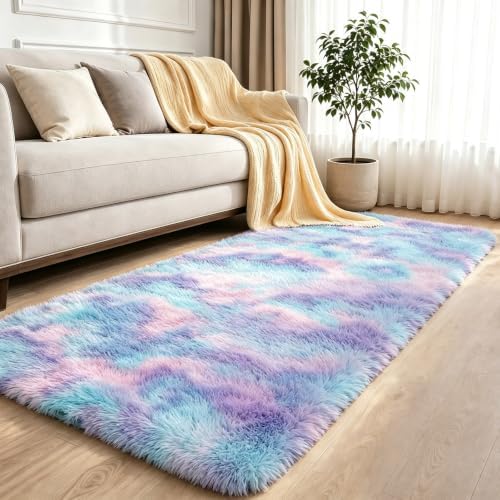 2x6 Blue Rainbow Fluffy Runner Rug by NEIGELUO