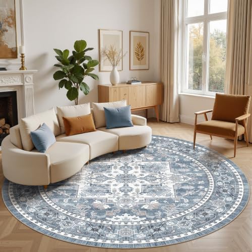Washable Area Rug-8X8 Vintage Neutral Soft Blue by MICGEEK