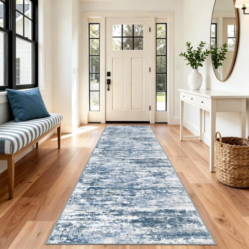 Hallway Runner Rug 3x10 Textured Non Slip Carpet Runner, Abstract Blue - Image 3
