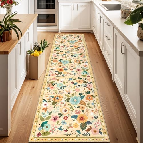 Floral Washable 2x6 Area Rugs Runner Entryway Hallway Yellow/Orange - Image 2