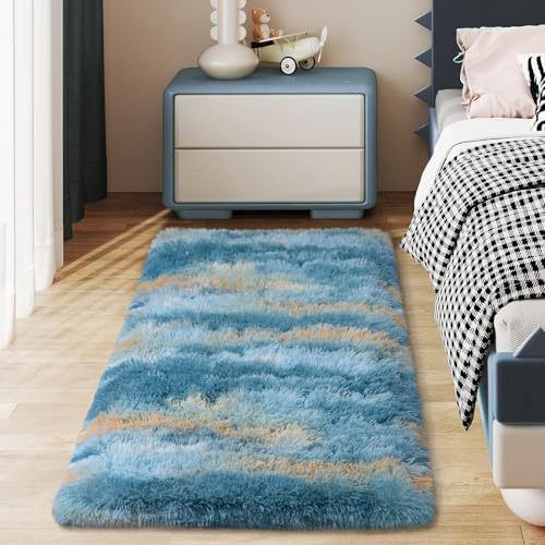 Soft Runner Rugs for Bedroom Hallways, 2x4 Abstract Blue Fluffy Shag Throw Area by Ailyei