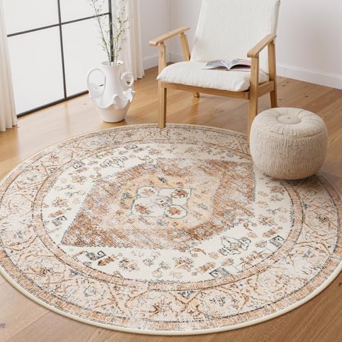 Lahome Boho Round Rugs - 4Ft Washable Non-Slip Small Round Area Rug Throw by Lahome