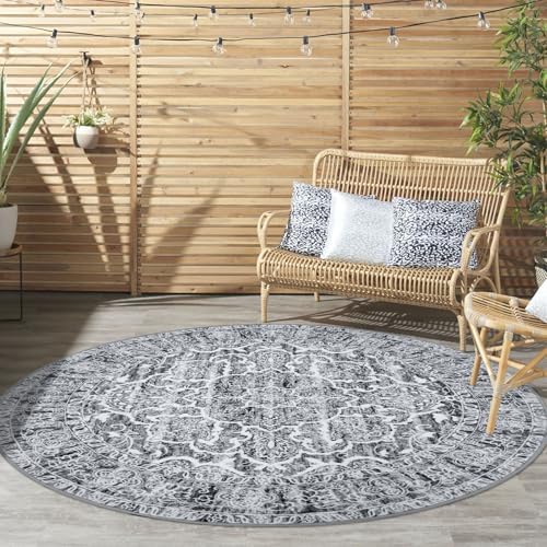 KUTA Vintage Round Rugs 5ft Grey Blue White Washable Circle Rug 5x5 - Image 2