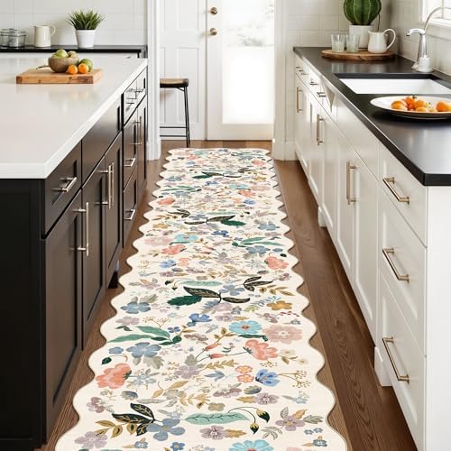 Hallway Floral 2'6x14 Runner Rugs: Washable Scalloped Soft Carpet - Image 3