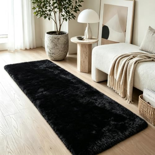 2x6 Black Fluffy Runner Rug for Hallway and Bedroom, Washable Soft Shaggy Carpet - Image 2