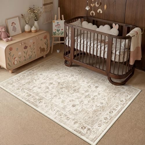 Beige 4x6 Area Rug Washable Netural Vintage Distressed Carpet - Image 2