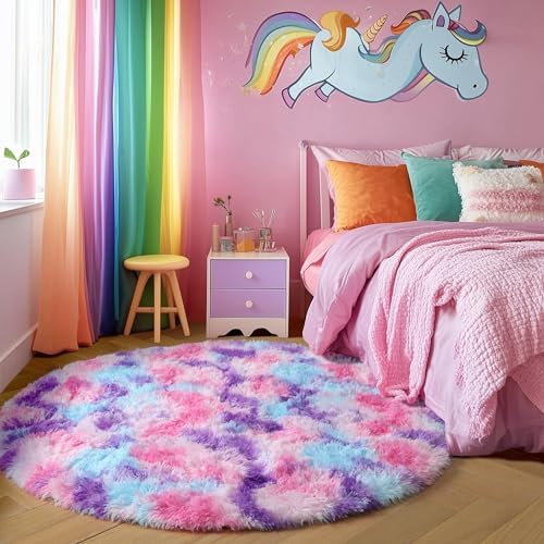 Amdrebio Pink Blue Purple Small Round Circle Rug 3Ft - Image 5