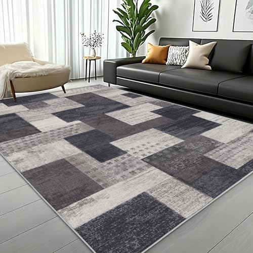 Modern Geometric Patchwork Indoor Charcoal Area Rug - Image 5
