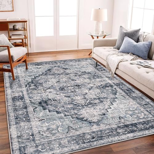 CHAMPLANT Washable Area Rug 10'x14' Dark Blue Retro Flowers Boho Design - Image 2