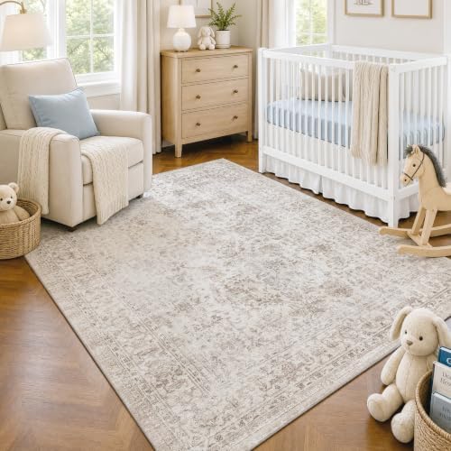 FMFUNCTEX 4x6 Washable Beige Neutral Vintage Retro Area Rug - Image 2