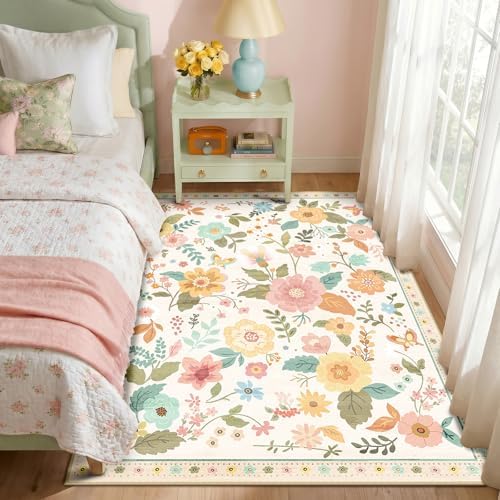 RELEANY Floral Washable 3x5 Area Rugs Beige/White/Orange - Image 6