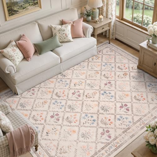 DCX Washable 6x9 Rose Biege Floral Rug by DCXWashableRug