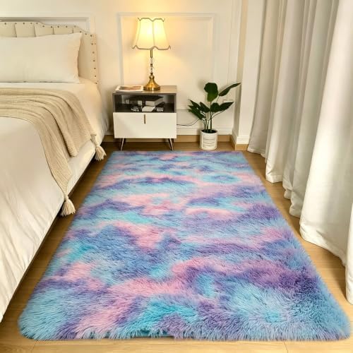 3x5 Blue Rainbow Fluffy Area Rug - Image 2