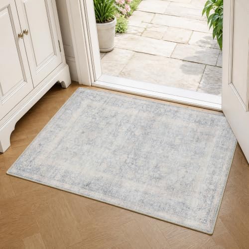 2x3 Washable Blue Cream Neutral Vintage Area Rug - Image 4