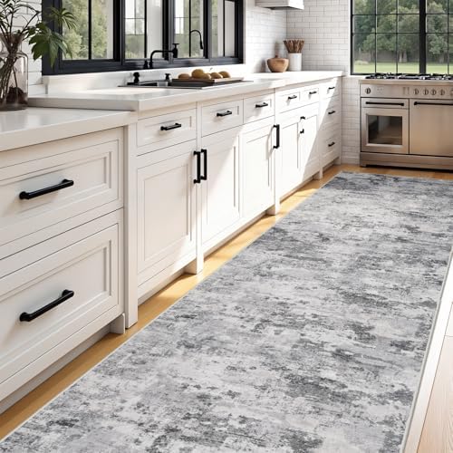 Abstract Washable Hallway Runner 2'6 x 12: Non Slip Runner Rug Black Grey - Image 2