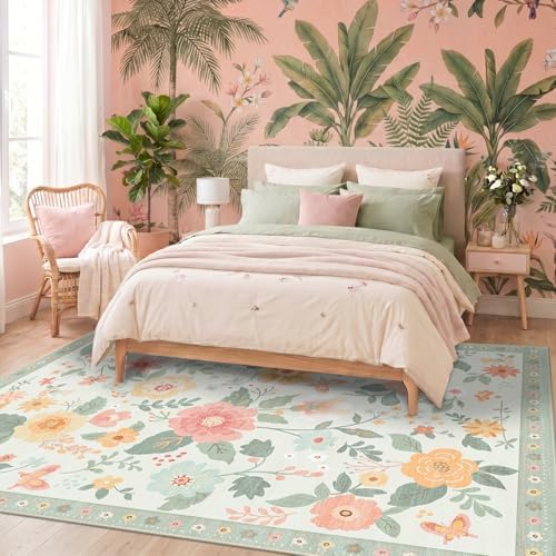 RELEANY Floral Washable 5x7 Area Rugs Beige/Green - Image 6