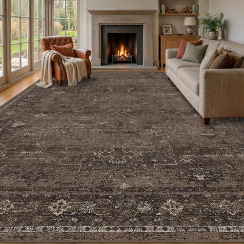 Brown Farmhouse 7x9 Area Rugs for Living Room, Dark Neutral Vintage Distressed by TALANOVA