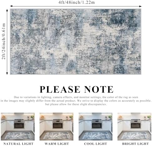 2x4 Rug for Entryway Washable: Non Slip Abstract Runner for Kitchen Blue - Image 2