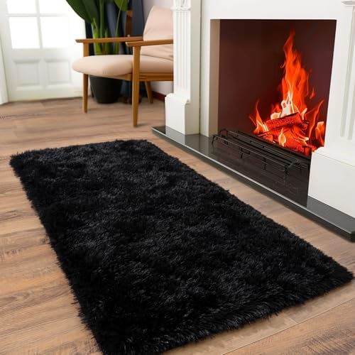 Soft Runner Rugs for Bedroom Hallways, 2x4 Black Fluffy Shag Throw Area Rug Non - Image 3
