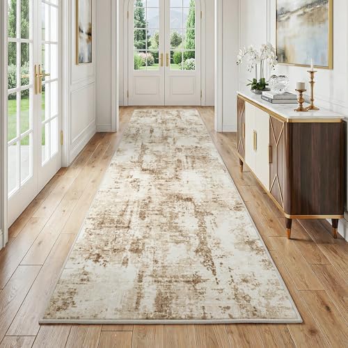 FMFUNCTEX 3x12 Hallway Runner Rug Washable Brown Beige Abstract Modern Soft - Image 2