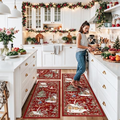 3-Piece Christmas Rug Set for Kitchen: Red Washable Throw Kitchen Mat Low Pile - Image 3