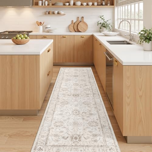 Madane Washable Runner Rug 2x5, Vintage Kitchen Hallway Rug Brown/Ivory - Image 3