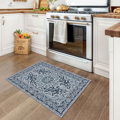 KUTA Vintage Small Area Rug 2x3 Washable Entryway Rugs Navy Blue - Image 3