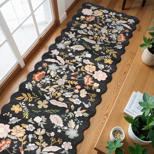 3x20 Hallway Runner Rug Washable: Boho Extra Long 20ft Scalloped Rug Black - Image 2