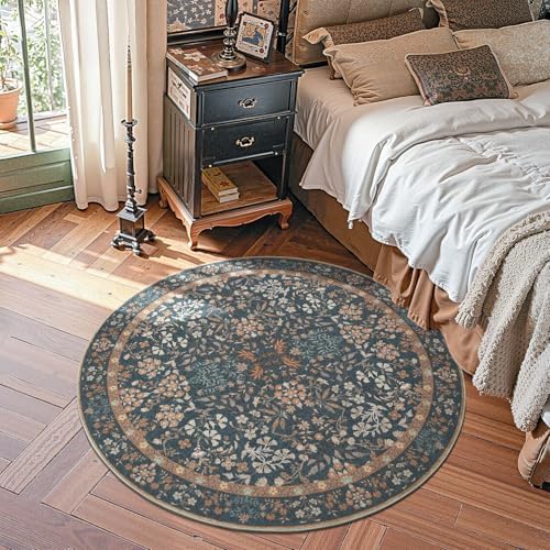 jinchan 5ft Washable Round Area Rug, Soft Floral Non-Slip, Dark Blue - Image 2