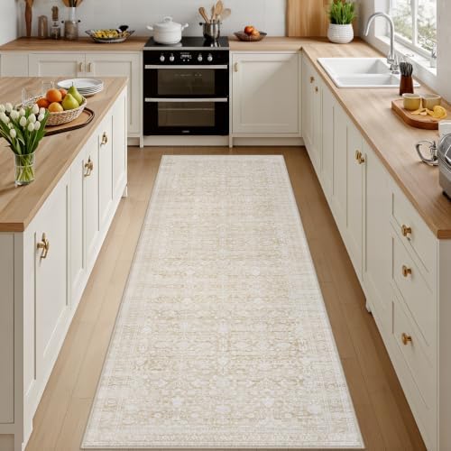 2'6''x10' Hallway Washable Runner Rug:Kitchen Carpet Natural Beige by Luxturiy