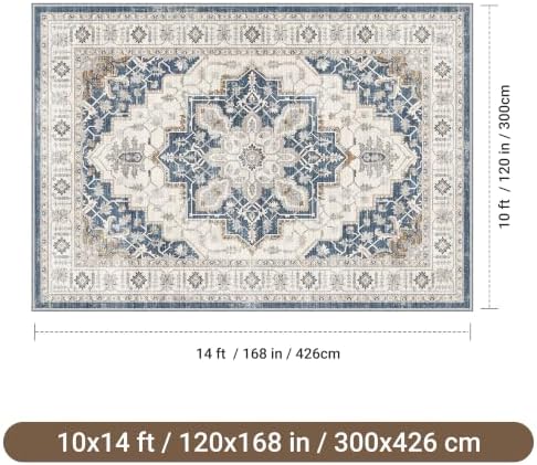 befbee 10x14 Area Rugs for Living Room, Washable Vintage Non Slip Rug Blue - Image 2