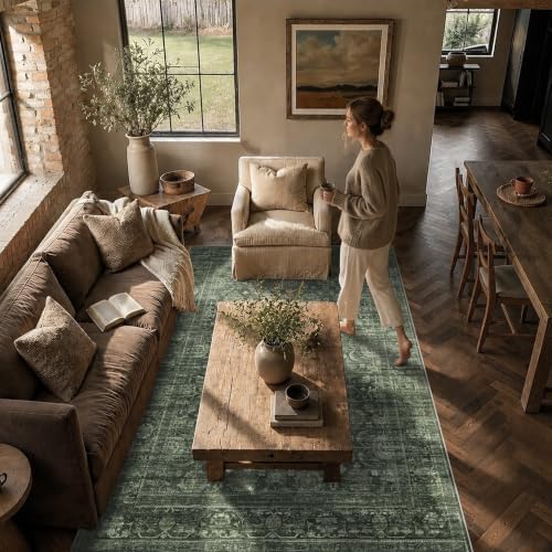 JOOJA 2x6 Dark Olive Green Vintage Low Pile Western Washable Runner Rug - Image 7