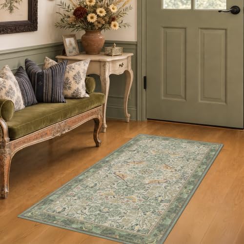 Washable Sage Green Floral Rugs - Image 3