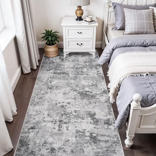 Washable Abstract Rug Hallway 3x9: Non Slip Modern Indoor Runner Black Grey - Image 4