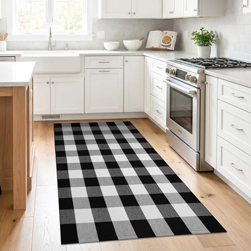 KILOCOCO Buffalo Plaid Checkered Rug 3x5 ft Black White Front Door Rug - Image 4