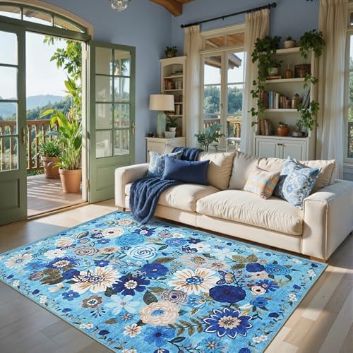Blue Floral Area Rug 4x6 for Bedroom Dining Room by WelcometoBabovid
