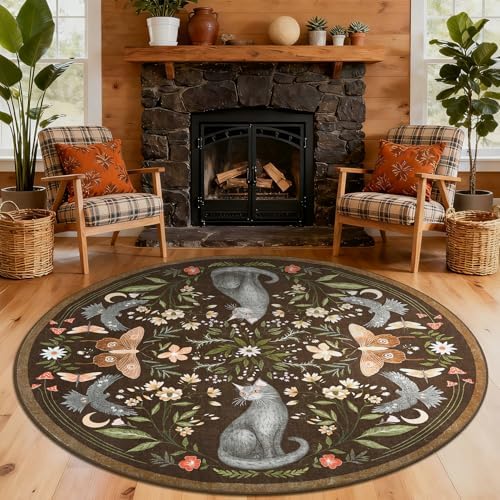 GarveeHome Round Area Rugs 6ft for Bedroom, Cat Brown Washable Circle Rug Soft - Image 2