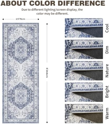 Washable 2.6x8 Hallway Runner Rug, Non Slip Vintage Kitchen Rugs Navy/Blue - Image 2