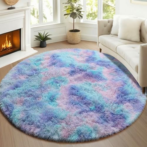 Rainbow Fluffy Round Rug Circle Area Rugs 4ft - Image 5