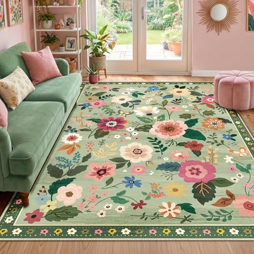 RELEANY Floral Washable 5x7 Area Rugs LightGreen by RELEANY