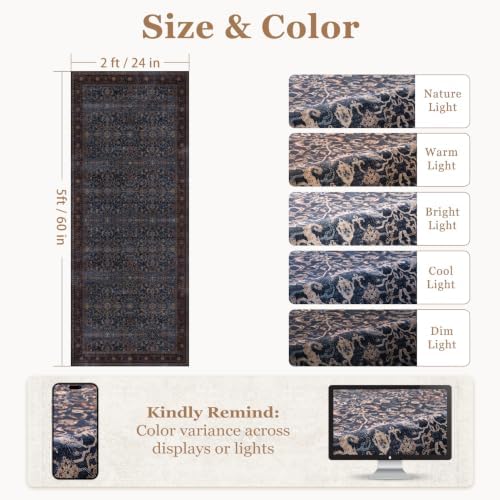 Washable Hallway Runner Rug 2'x5', Vintage Old Money, Dark Blue - Image 2