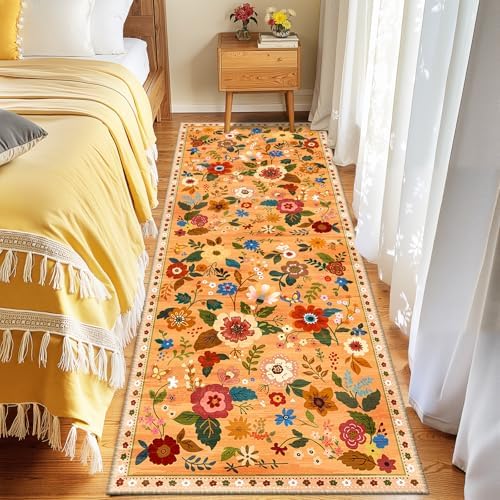 Floral Washable 2x8 Area Rugs Runner Entryway Hallway Orange/Yellow/Red - Image 6